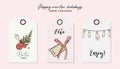 Merry Christmas hand-drawn greeting cards with jingle bells, balls, geometric garland and typography quotes. Happy New Year design Royalty Free Stock Photo