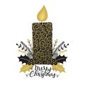 Merry Christmas. Hand drawn herbs around candle. Xmas decoration. Handwritten lettering. Winter holiday. Wishes. Holly