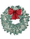 Merry Christmas hand-drawn leaves of the mistletoe, green holiday wreath with red bow decoration Royalty Free Stock Photo