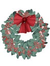 Merry Christmas hand-drawn leaves of the mistletoe, green holiday wreath with red bow decoration Royalty Free Stock Photo