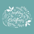Merry Christmas hand-drawn lettering with botanical and floral elements. Vintage holiday greeting card Royalty Free Stock Photo