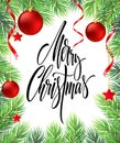 Merry Christmas hand drawn lettering in fir-tree branches frame Royalty Free Stock Photo