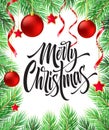 Merry Christmas hand drawn lettering in fir-tree branches frame Royalty Free Stock Photo