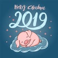 Merry christmas 2019 hand drawn lettering with sleeping baby pig cartoon illustration Royalty Free Stock Photo