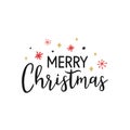 Merry Christmas hand drawn lettering. Xmas phrase with doodle snowflakes, snow and stars isolated on white background Royalty Free Stock Photo