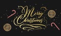 Merry Christmas hand lettering in gold with confetti, Christmas ball and lollipop candy isolated on white. Vector image Royalty Free Stock Photo