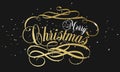 Merry Christmas hand lettering in gold with confetti isolated on white. Vector image. Merry christmas sign in a Royalty Free Stock Photo