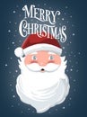 Merry Christmas hand lettering sign with hand drawn Santa Claus on dark blue background with stars. Colorful illustration Royalty Free Stock Photo