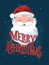 Merry Christmas hand lettering sign with hand drawn Santa Claus on dark blue background with stars. Colorful festive vector Royalty Free Stock Photo