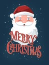 Merry Christmas hand lettering sign with hand drawn Santa Claus on dark blue background with stars. Colorful illustration Royalty Free Stock Photo