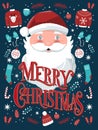 Merry Christmas hand lettering sign with hand drawn Santa Claus and holiday icons on dark blue background with stars.