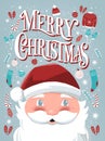 Merry Christmas hand lettering sign with hand drawn Santa Claus and holiday icons on light blue background with stars. Royalty Free Stock Photo