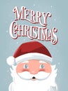 Merry Christmas hand lettering sign with hand drawn Santa Claus and stars on light blue background. Colorful illustration Royalty Free Stock Photo