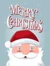 Merry Christmas hand lettering sign with hand drawn Santa Claus and stars on light blue background. Colorful festive vector Royalty Free Stock Photo