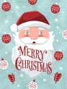 Merry Christmas hand lettering sign with hand drawn Santa Claus and holiday icons on light blue background with stars. Royalty Free Stock Photo