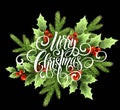 Merry Christmas handwriting script lettering. Christmas greeting card with holly. Vector illustration Royalty Free Stock Photo