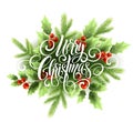 Merry Christmas handwriting script lettering. Christmas greeting card with holly. Vector illustration