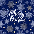 Merry Christmas handwritten lettering design on blur blue background. Vector illustration. White snowflakes winter Royalty Free Stock Photo