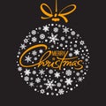 Merry Christmas handwritten lettering. Golden text with white snowflakes in shape of Christmas ball isolated on black Royalty Free Stock Photo