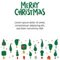 Merry Christmas handwritten lettering sign with Grinch tree and gift boxes. Vector stock illustration isolated on white Royalty Free Stock Photo