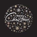 Merry Christmas handwritten lettering. White text on background of circle of snowflakes. Vector. Royalty Free Stock Photo