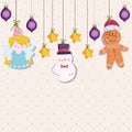 Merry christmas, hanging snowman angel gingerbread man stars balls decoration card