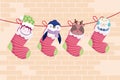 Merry christmas, hanging socks with cute penguin deer helper and snowman decoration