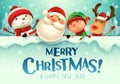 Merry Christmas! Happy Christmas companions with big signboard in Christmas snow scene winter landscape Royalty Free Stock Photo