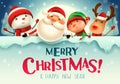 Merry Christmas! Happy Christmas companions with big signboard in Christmas snow scene winter landscape Royalty Free Stock Photo