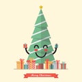 Merry Christmas with happy christmas tree character