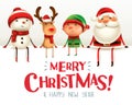 Merry Christmas! Happy Christmas companions sit on big signboard Royalty Free Stock Photo