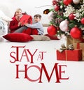 Merry christmas, happy family with stay at home infographics text, christmas lockdown concept stay at home social media campaign