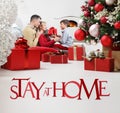 Merry christmas, happy family with stay at home infographics text, christmas lockdown concept stay at home social media campaign