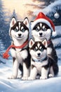 Merry christmas and happy holidays greeting card. Cute husky puppy family in the winter forest Royalty Free Stock Photo