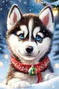 Merry christmas and happy holidays greeting card. Cute husky puppy in the winter forest Royalty Free Stock Photo