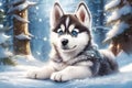 Merry christmas and happy holidays greeting card. Cute husky puppy in the winter forest Royalty Free Stock Photo