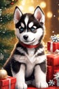 Merry christmas and happy holidays greeting card. Cute husky puppy in the winter forest with gifts for a happy Christmas and New Royalty Free Stock Photo