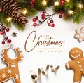 Merry Christmas and Happy Holidays greeting card, frame, banner. New Year. Noel. Christmas tree branch, gingerbread and ornaments Royalty Free Stock Photo