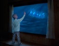 Merry Christmas and happy holidays!Little boy stands near the window and looks like Santa Claus flies in the sky in a sleigh with Royalty Free Stock Photo