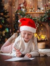 Little child girl writes letter Santa Claus and dreams of a gift background Royalty Free Stock Photo