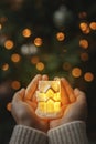 Merry Christmas and Happy Holidays! Little glowing house in hands on background of illuminated Christmas tree lights bokeh. Royalty Free Stock Photo