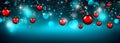 Merry Christmas and Happy Holidays new year celebration banner template - Group of hanging Red Decor Baubles balls Bokeh blue Royalty Free Stock Photo