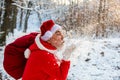 Merry Christmas and happy holidays. Portrait of happy Santa Claus walking in snowy forest and Blowing Magic Christmas Royalty Free Stock Photo