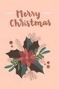 Merry Christmas. Happy Holidays retro style vintage hand drawn greeting card, gift tag, postcard, poster in neutral terracotta Royalty Free Stock Photo