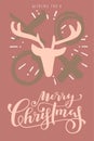 Merry Christmas. Happy Holidays retro style vintage hand drawn greeting card, gift tag, postcard, poster in neutral terracotta Royalty Free Stock Photo