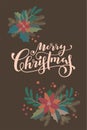 Merry Christmas. Happy Holidays retro style vintage hand drawn greeting card, gift tag, postcard, poster in neutral terracotta Royalty Free Stock Photo