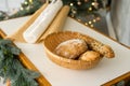 Merry Christmas and Happy Holidays. Time of family tea party. Christmas wooden table. Royalty Free Stock Photo