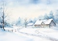 Merry Christmas and Happy Holidays, watercolour printable art print, English countryside cottage as snow winter holiday Christmas