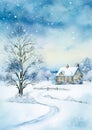 Merry Christmas and Happy Holidays, watercolour printable art print, English countryside cottage as snow winter holiday Christmas