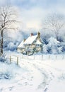 Merry Christmas and Happy Holidays, watercolour printable art print, English countryside cottage as snow winter holiday Christmas